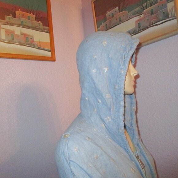 Linen Womens Jacket Size XL Pockets Full Zip Hoodie Long Sleeves Metallic Stars - Picture 11 of 12